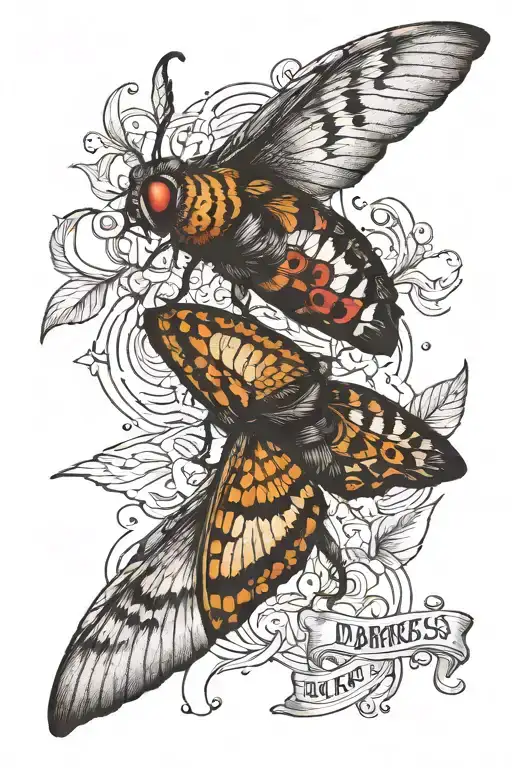 quote "in darkness, look for light" with a  flying moth and one resting moth, surrounded by dark shadowing  tattoo design idea