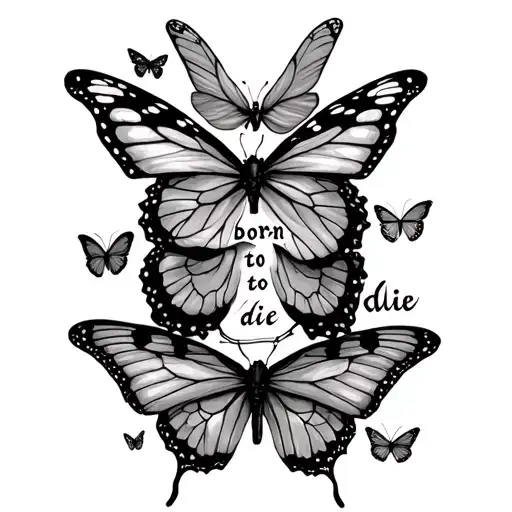 "born to die " words with butterflies one fluttering one still on rib cage tattoo design idea