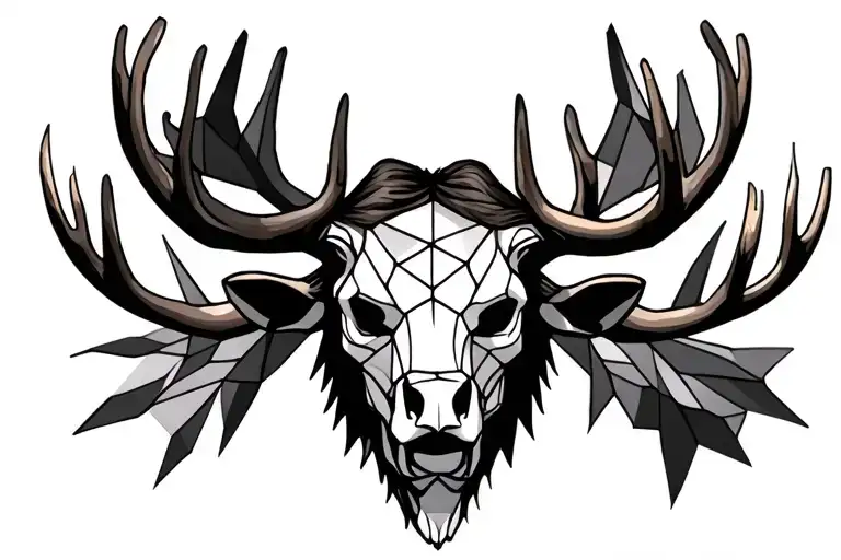 moose head, skeleton, with antlers that are stained glass, geometric, no fur tattoo design idea