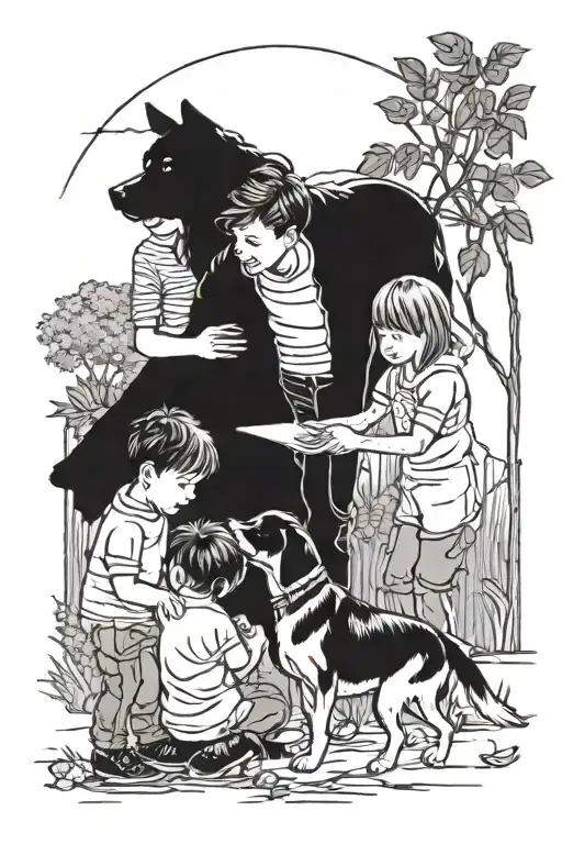 A heartwarming scene of a family gathering with a dog and a young nephew playing in the background, showcasing the client's love for family, pets, and children tattoo design idea