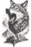 growling wolf face and realistic rocky mountains inside tattoo design idea