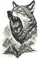 growling wolf face and realistic rocky mountains inside tattoo design idea