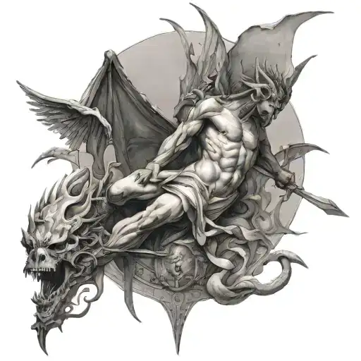 scarred dragon, rusted sword of damocles, icarus falling, phaeton, and the fallen angel by Alexandre cabanel tattoo design idea