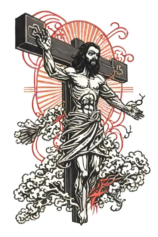 black Jesus Christ on a cross with red lighting storm tattoo design idea