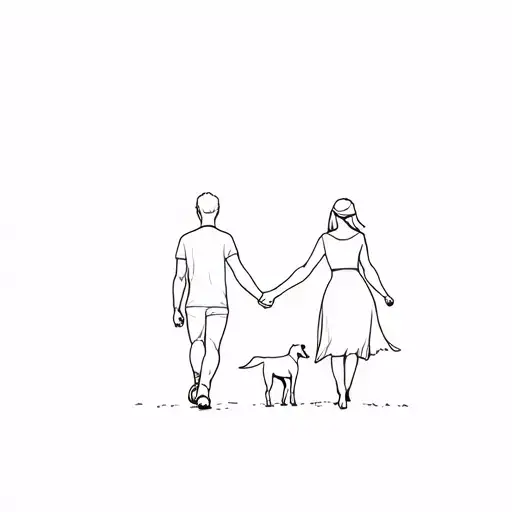 a man and a woman walking hand in hand with a greyhound in front of them. outline only tattoo design idea