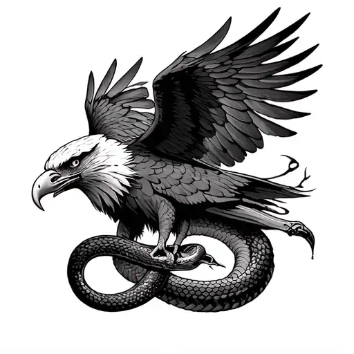 generate a traditional black-and-gray tattoo design with:	•	Eagle & Snake (Upper Arm): A bold, high-contrast battle sce tattoo design idea