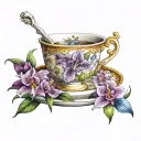 traditional tea cup with a cursive capital E on it. with purple lilies, orchids, and wild flowers coming out of it.  tattoo design idea