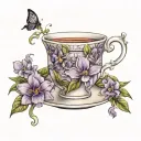 traditional tea cup with a cursive capital E on it. with purple lilies, orchids, and wild flowers coming out of it.  tattoo design idea