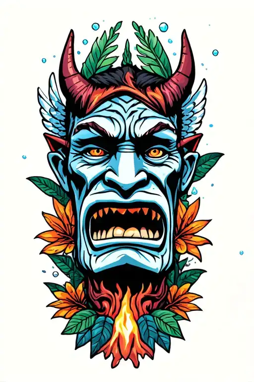 ice breaking,sad Angel, lava and rock, devil tiki man and jungle flora tattoo design idea