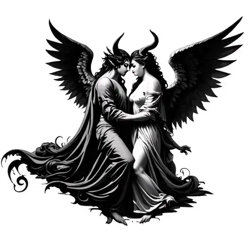 Give a full back tattoo pictures of a demon and angel both seen in picture in love having their wings spread. The wings  tattoo design idea