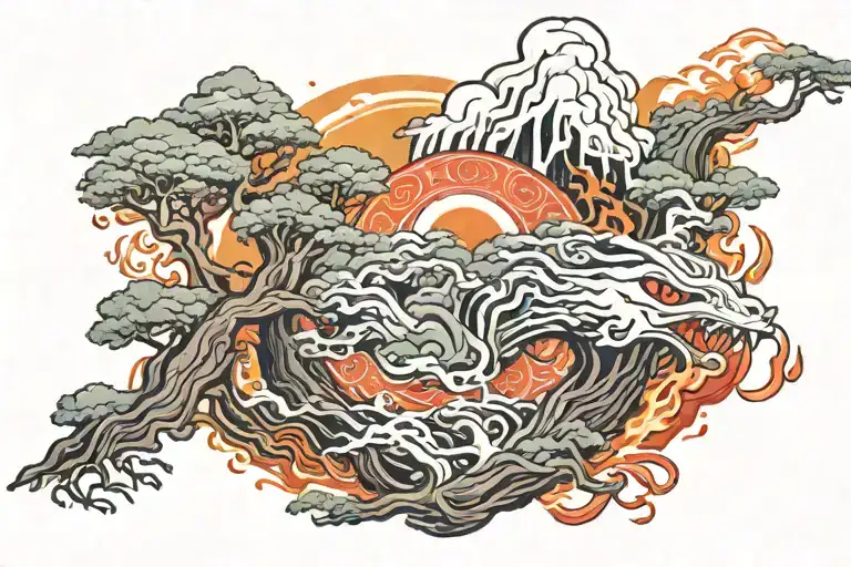 Japanese forest river covered in amaterasu flames on the night of the Sharingan moon tattoo design idea