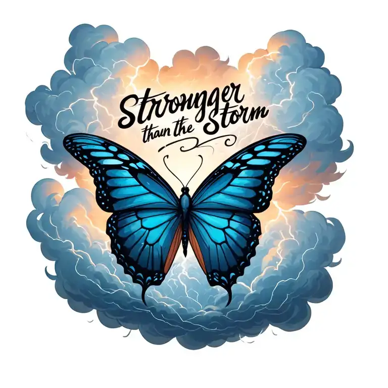 "Stronger than the storm" butterfly emerging from storm clouds forming the shape lightening tattoo design idea