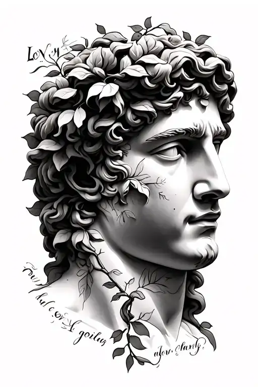 Greek statues facee with vines going up the my wrist with Greek quote about love going along the vines tattoo design idea