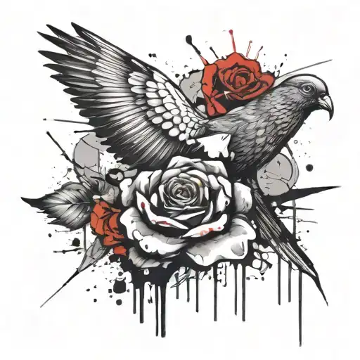 pigeon carrying a black and white rose tattoo design idea