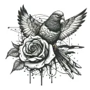pigeon carrying a black and white rose tattoo design idea