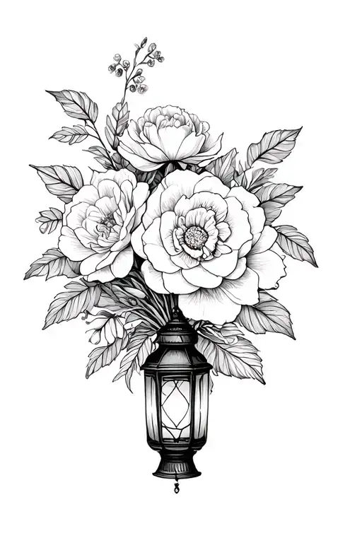 Bouquet with lantern flower, carnation, rose, camellia tattoo design idea