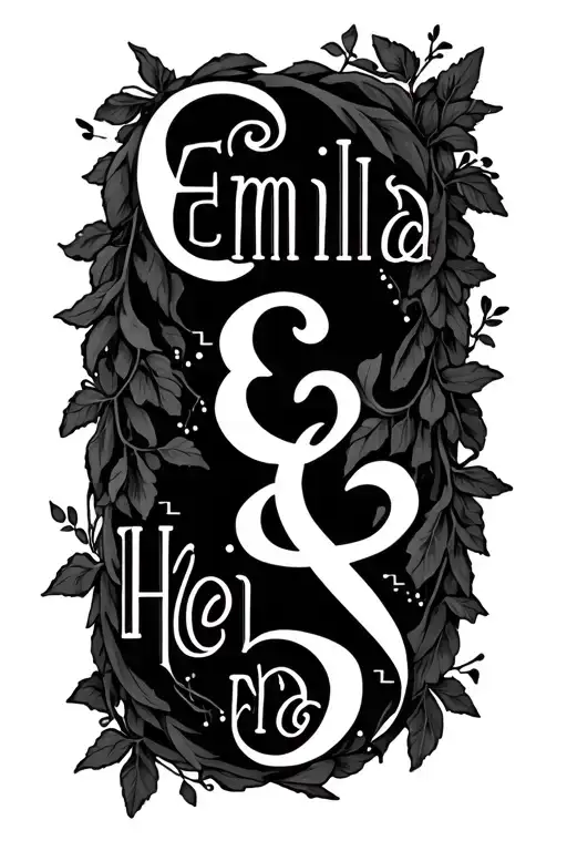 "Emilia & Helena" Morse Code bar Numbers outlined in vines intertwining tattoo design idea