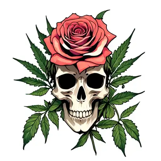 skull and rose with weed plants tattoo design idea