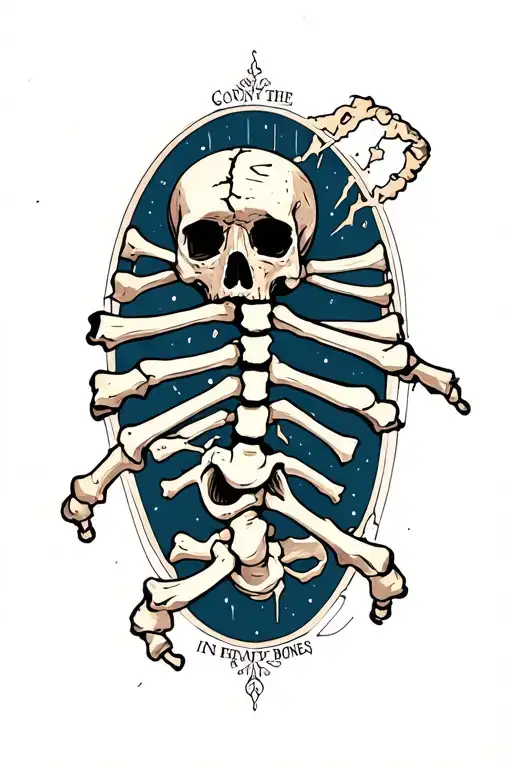 The text" count the fractures in my bones" in a bold font and an image of broken bones tattoo design idea