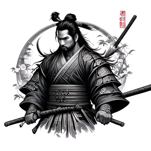 Japanese warrior in garden tattoo design idea