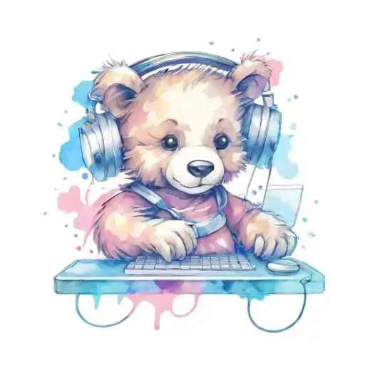 Teddy bear playing on a desktop computer with headset tattoo design idea