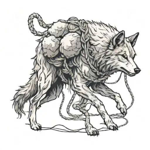 A walking wolf  Carrying Sheep wool on its back that is tied with rope tattoo design idea