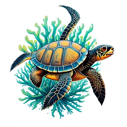 Male calf tattoo inspired Colombian ocean life corals, mangroves, turtle, tropical fish. Japanese Irezumi Viking  tattoo design idea