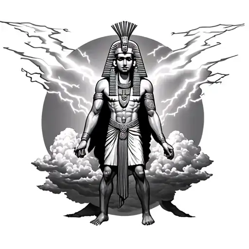 thoth egiptian god with clouds and two lighting bolts coming out from the top of the clouds tattoo design idea