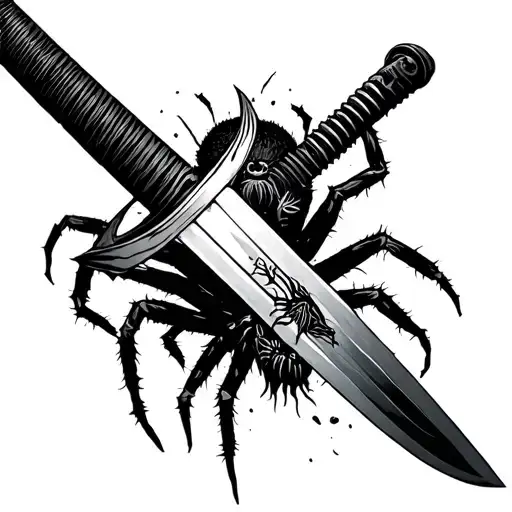 detailed katana sword with a broken blade and a spider crawling on the blade tattoo design idea