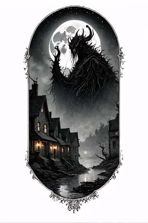 Sleepy 1800s–early 1900s coastal town Foggy moonlit night, shingled rooftops. A massive eldritch god looming above tattoo design idea