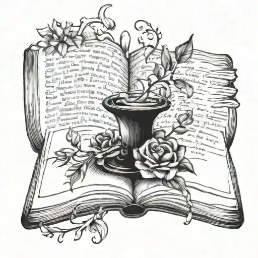 A tattoo design of an open book with classical literature quotes intertwined with floral elements, symbolizing the love for reading and literature tattoo design idea