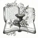 A tattoo design of an open book with classical literature quotes intertwined with floral elements, symbolizing the love for reading and literature tattoo design idea