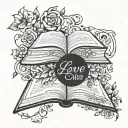 A tattoo design of an open book with classical literature quotes intertwined with floral elements, symbolizing the love for reading and literature tattoo design idea
