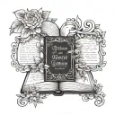 A tattoo design of an open book with classical literature quotes intertwined with floral elements, symbolizing the love for reading and literature tattoo design idea