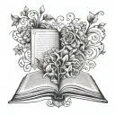 A tattoo design of an open book with classical literature quotes intertwined with floral elements, symbolizing the love for reading and literature tattoo design idea