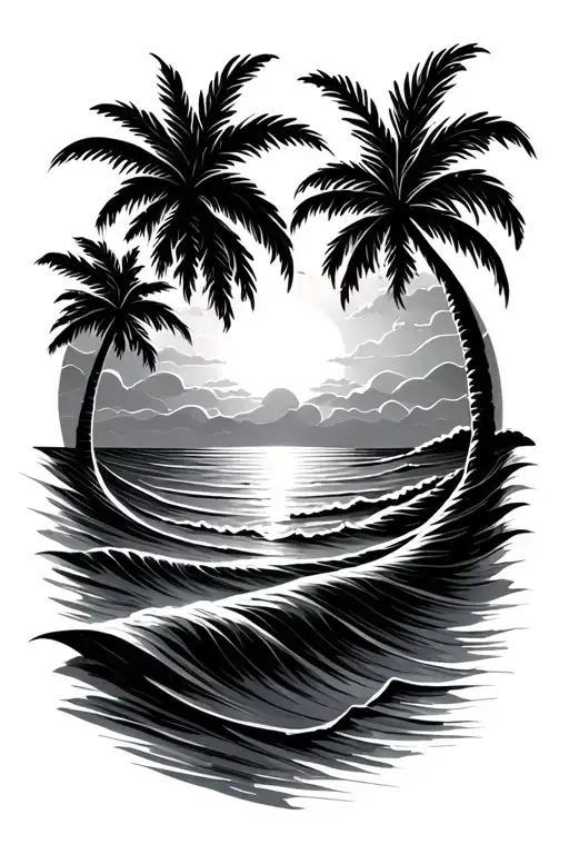 sunset with palm trees and ocean waves flowing tattoo design idea