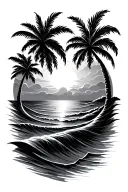 sunset with palm trees and ocean waves flowing tattoo design idea