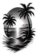 sunset with palm trees and ocean waves flowing tattoo design idea
