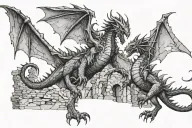 a dragon on the right side fighting against a knight, who in turn stands in a ruined castle tattoo design idea