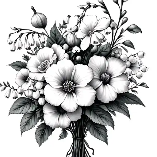 lily of valley, roses, morning glory and cosmos flower bouquet tattoo design idea