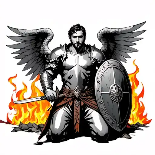 Kneeling man with armour and wings holding a sword and shield with burning kingdom background tattoo design idea