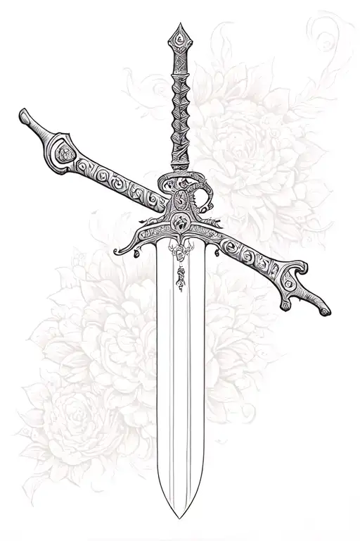 "A highly detailed tattoo design featuring Bhavani Talwar (Chhatrapati Shivaji Maharaj’s sword) with an ornate hilt and  tattoo design idea