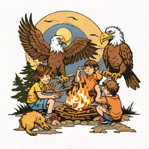 full moon 3 kids playing by fire and a Eagle watching over them  tattoo design idea