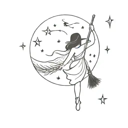 Witchcraft with a broom, hemlock and the moon tattoo design idea