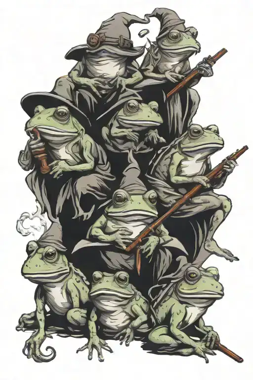 4 frogs sitting mushrooms smoking pipes. one is a wizard, 2nd is a knight, the 3rd is a ninja, 4th is a bard tattoo design idea