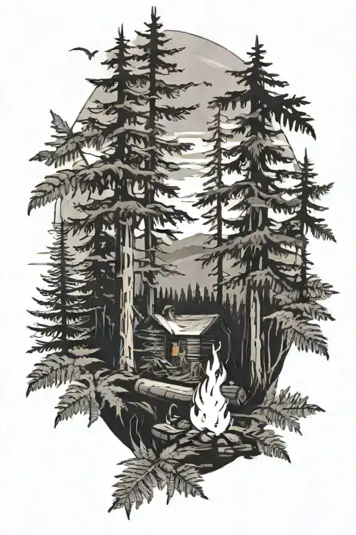 misty evergreen forest scene with campfire and ferns tattoo design idea
