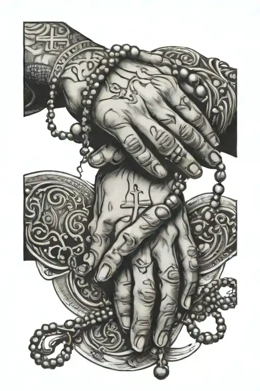 praying hands with rosary beads tattoo design idea