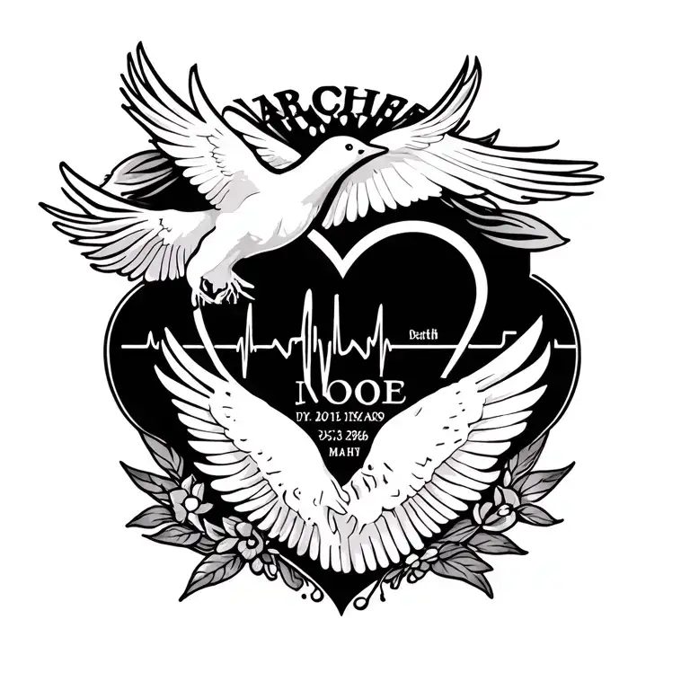 tattoo in memory of mother, date of birth and death, name, dove , and heart beat monitor incorporated tattoo design idea