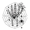 hand skeleton (only fingers) w spider web and spider hanging from it with big stars and posion tree on forearm tattoo design idea