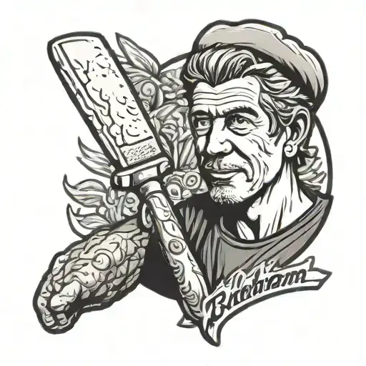 remmy holding chef knife in the style of Anthony Bourdain logo tattoo design idea